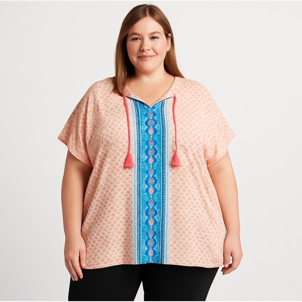 Boho Tunic Top XL Orange Blue Tassel V-Neck Caftan Blouse Lightweight‎ Nylon...